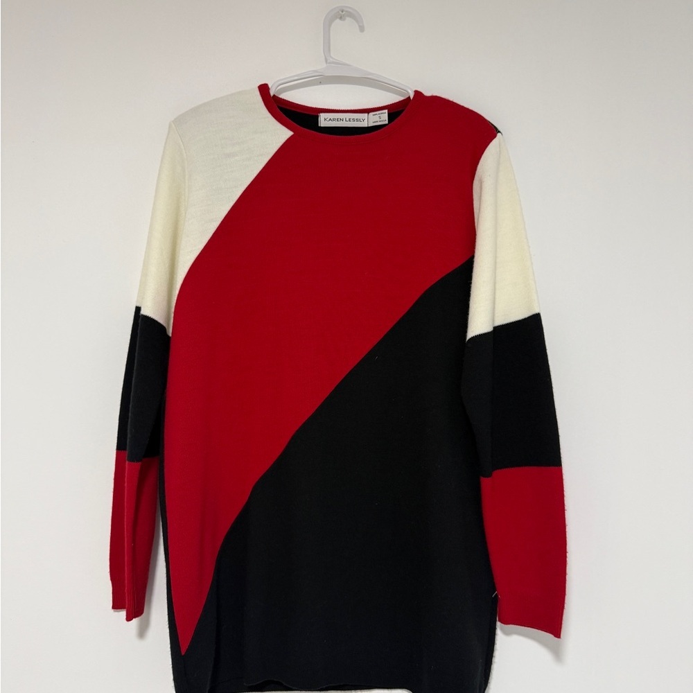 Karen Lessly  Women’s Sweater‎ Acrylic Vintage Block Print Red Beige Black